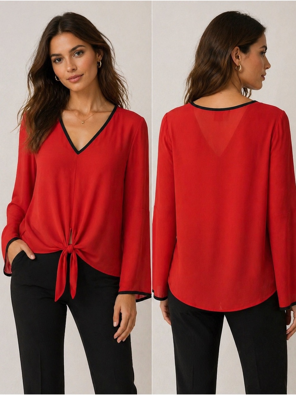 Frank Lyman Design Red V-Neck Tie-Front Blouse with Black Trim